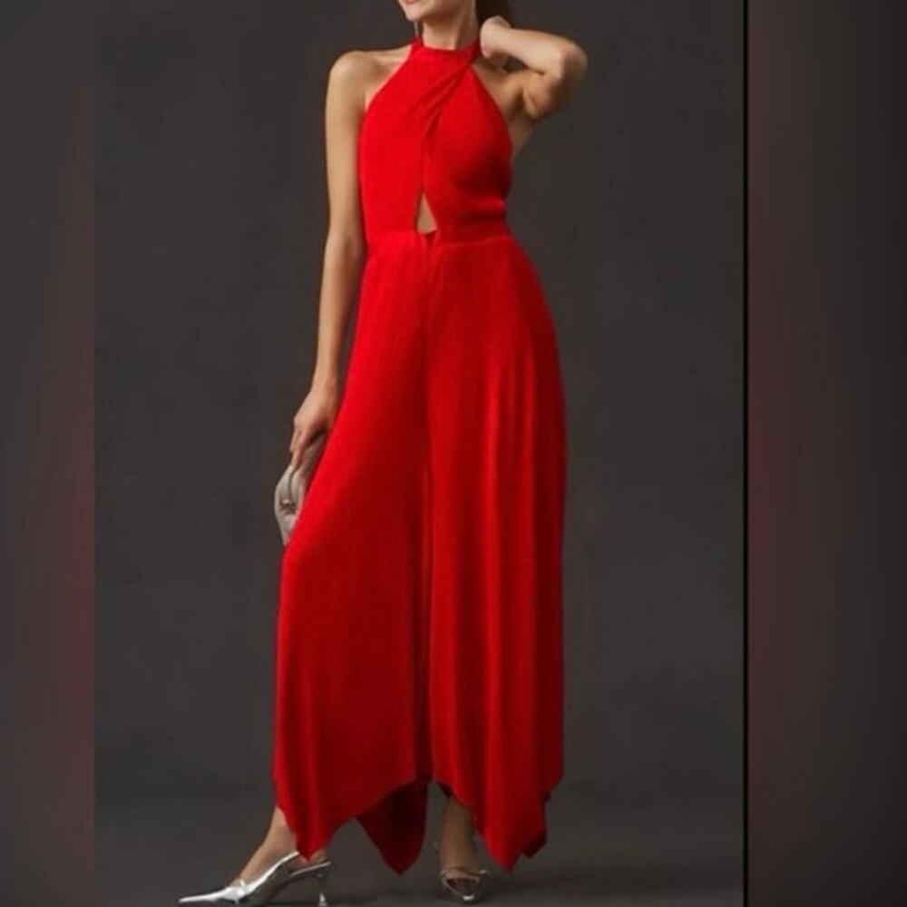 Anthropologie Plisse Halter Jumpsuit sz12T stunning elegant red Christmas romper